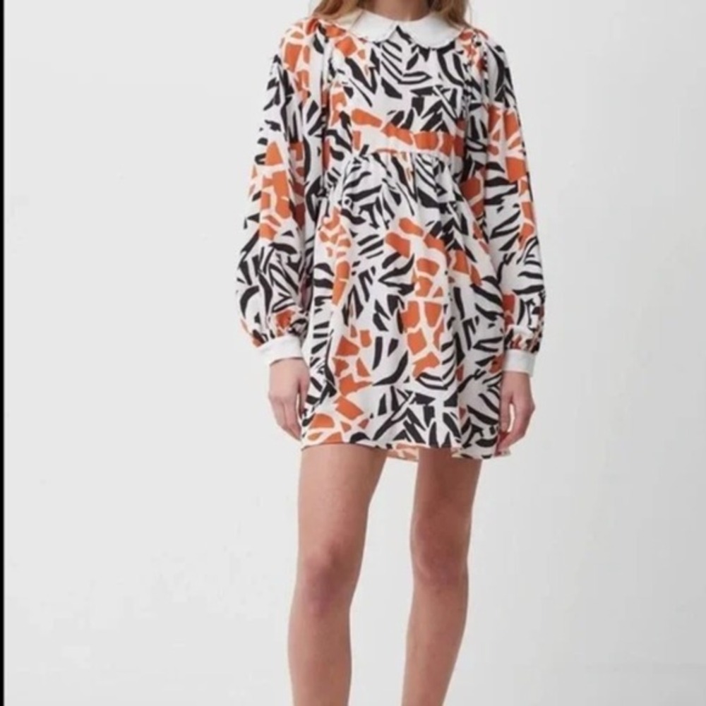 Peter Pan Collar Mini Dress Abstract Animal Print Long Sleeve Babydoll Boho NWT